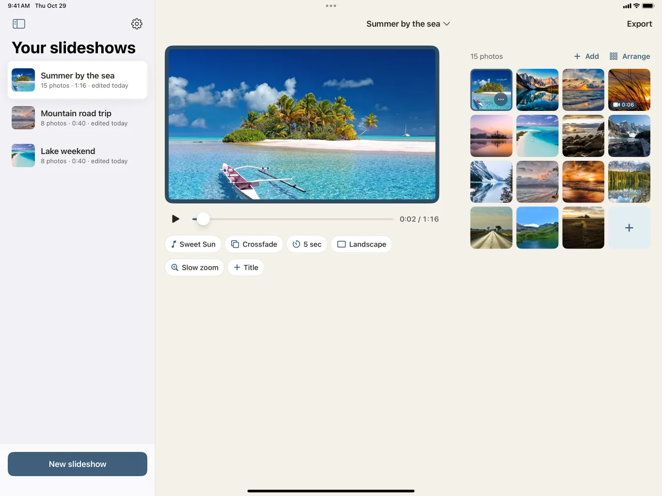 Humble Video on iPad: three slideshows in the sidebar beside the editor