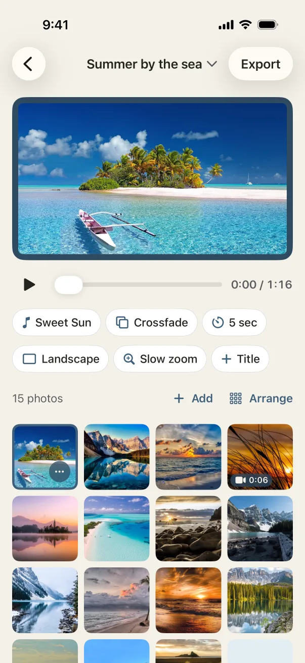 The Humble Video editor: a preview of the slideshow, the music and style chips, and the photos in order