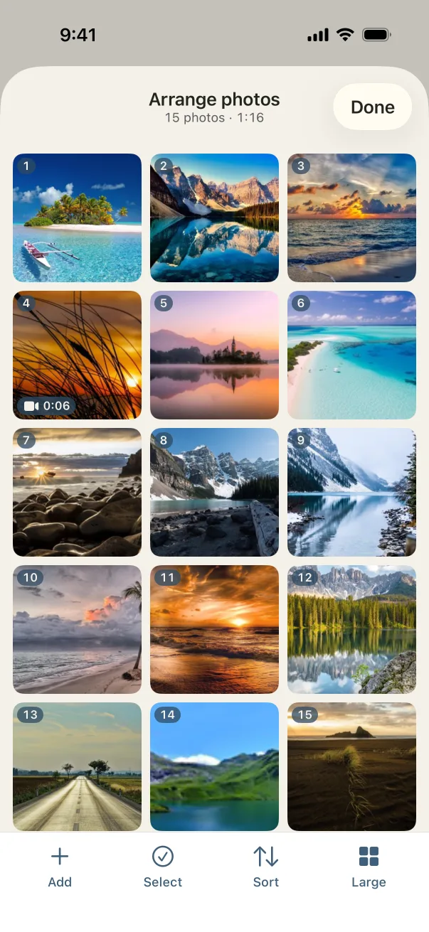 Arrange photos: the whole slideshow numbered in a grid, with a video clip marked
