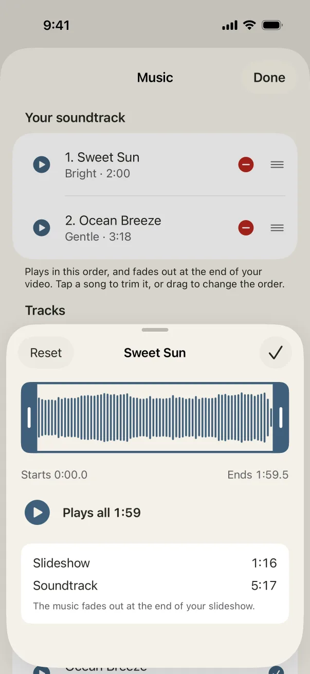 The Music sheet: two songs back to back, with the song trimmer open