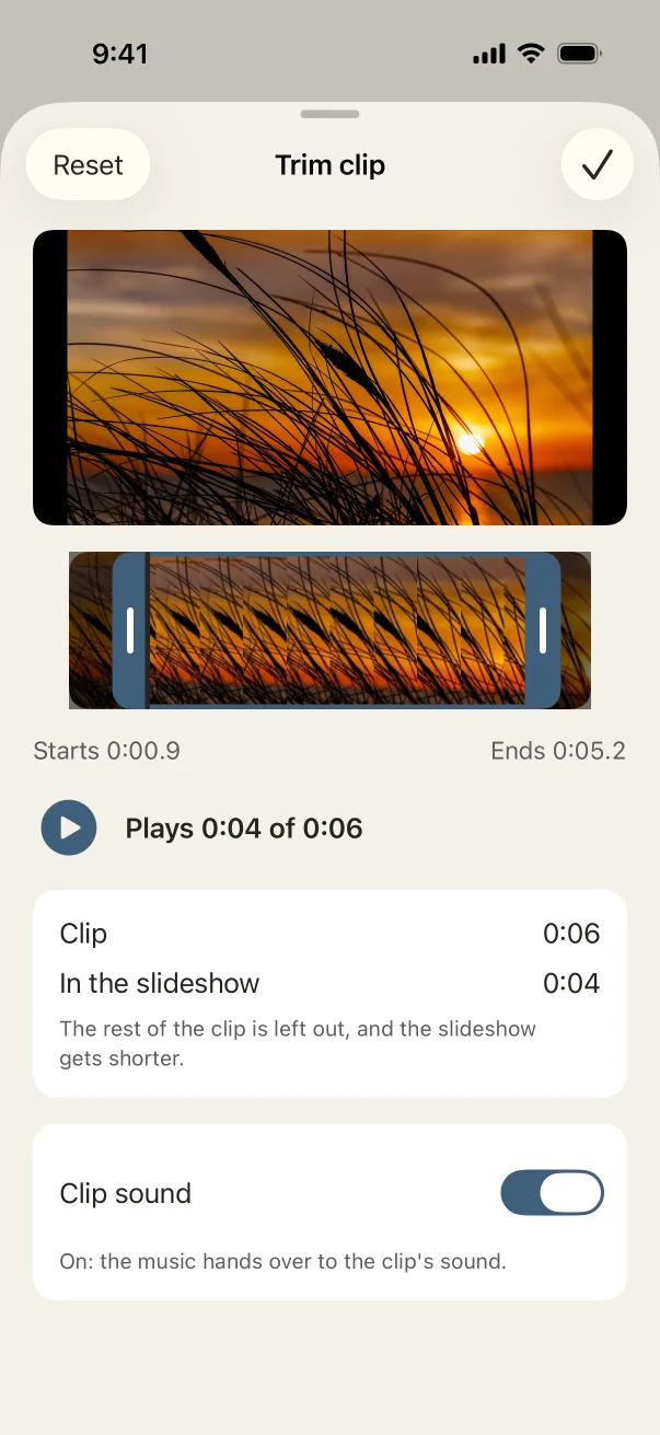 Trim clip: a video clip trimmed from both ends, with Clip sound on